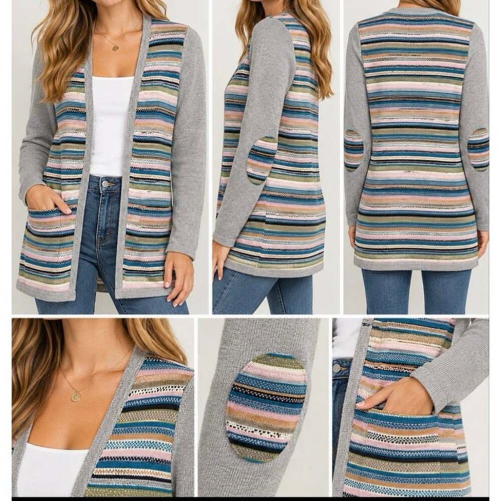 Orvis Women’s Striped Knit Open Front Cardigan Sweater Size S Merino Wool Cotton